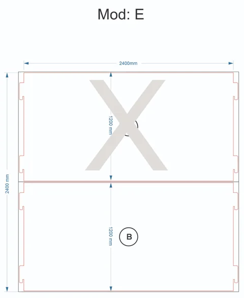 Technical drawing of Model E, Base B. The grey X marks Top A, the other half of the wall.