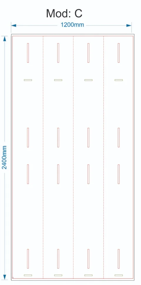 Technical drawing of Mod C, the unfolded column with fold lines and slots, 1200 by 2400 mm