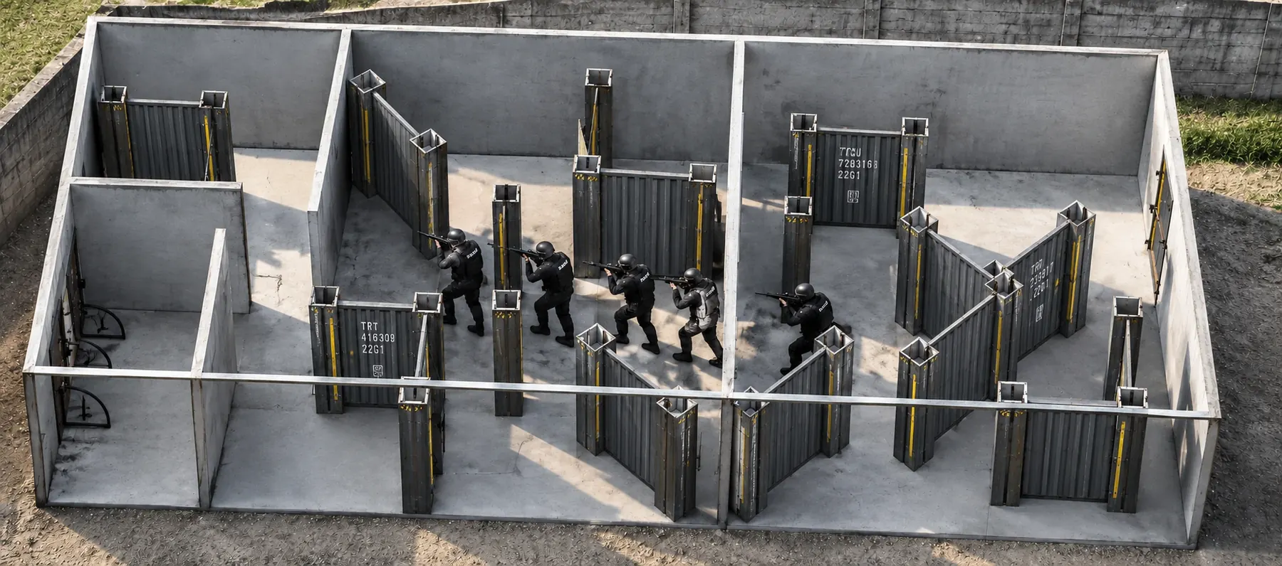 Aerial view of a modular shoot house with a team clearing rooms between printed container-finish walls