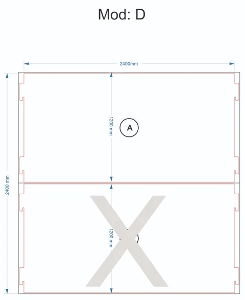 Technical drawing of Model D, Top A. The grey X marks Base B, the other half of the wall.