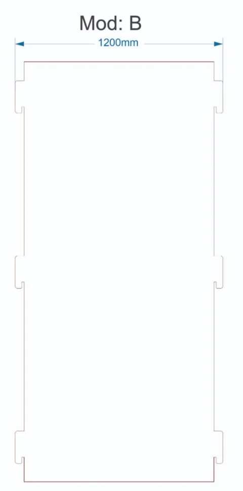 Technical drawing of Mod B, the narrow wall panel with side hooks, 1200 mm wide